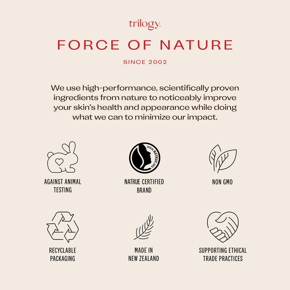 Trilogy rosehip oil ingredients panel communicates organic farming and purity