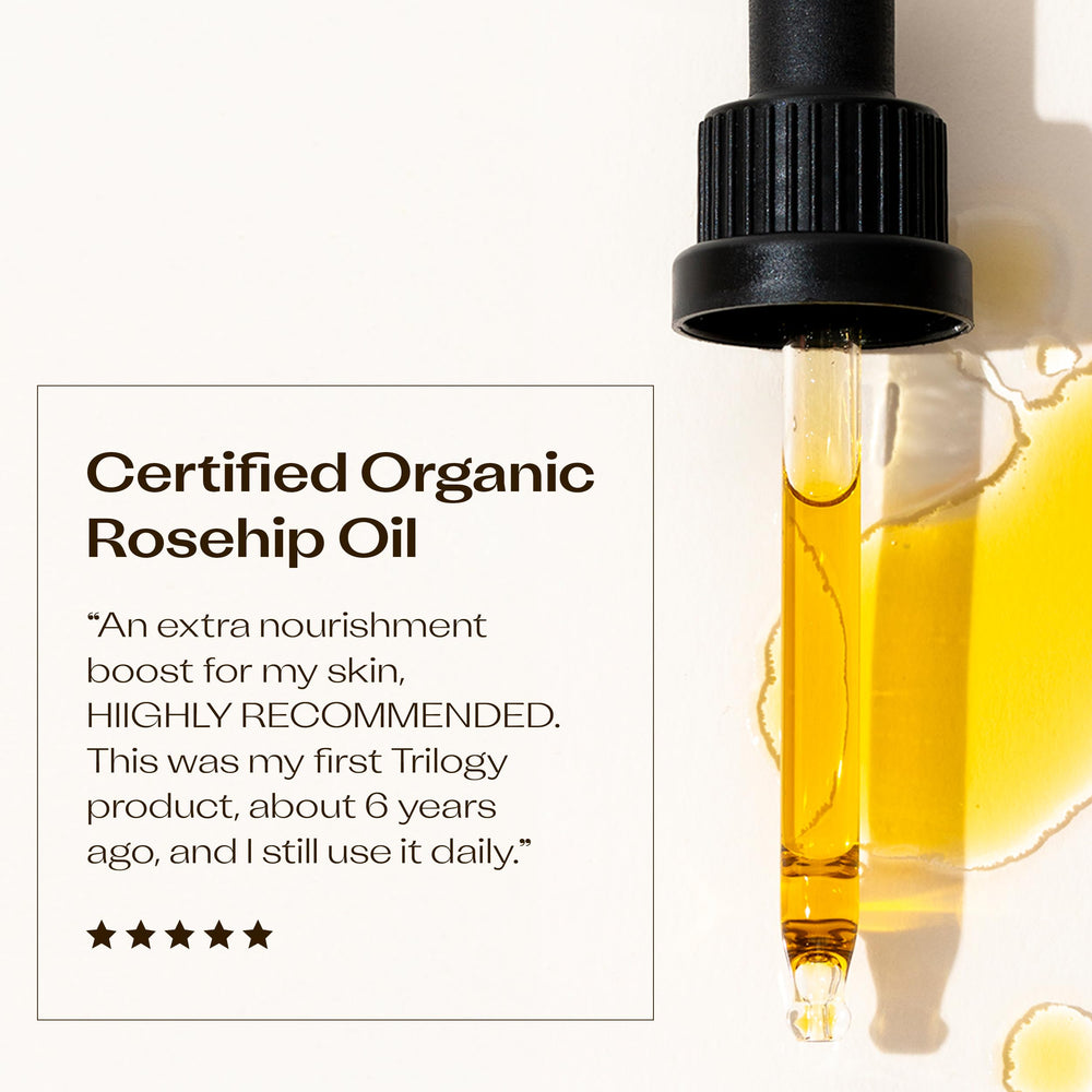 Trilogy rosehip oil label explains organic, cold-pressed ingredients for vitality