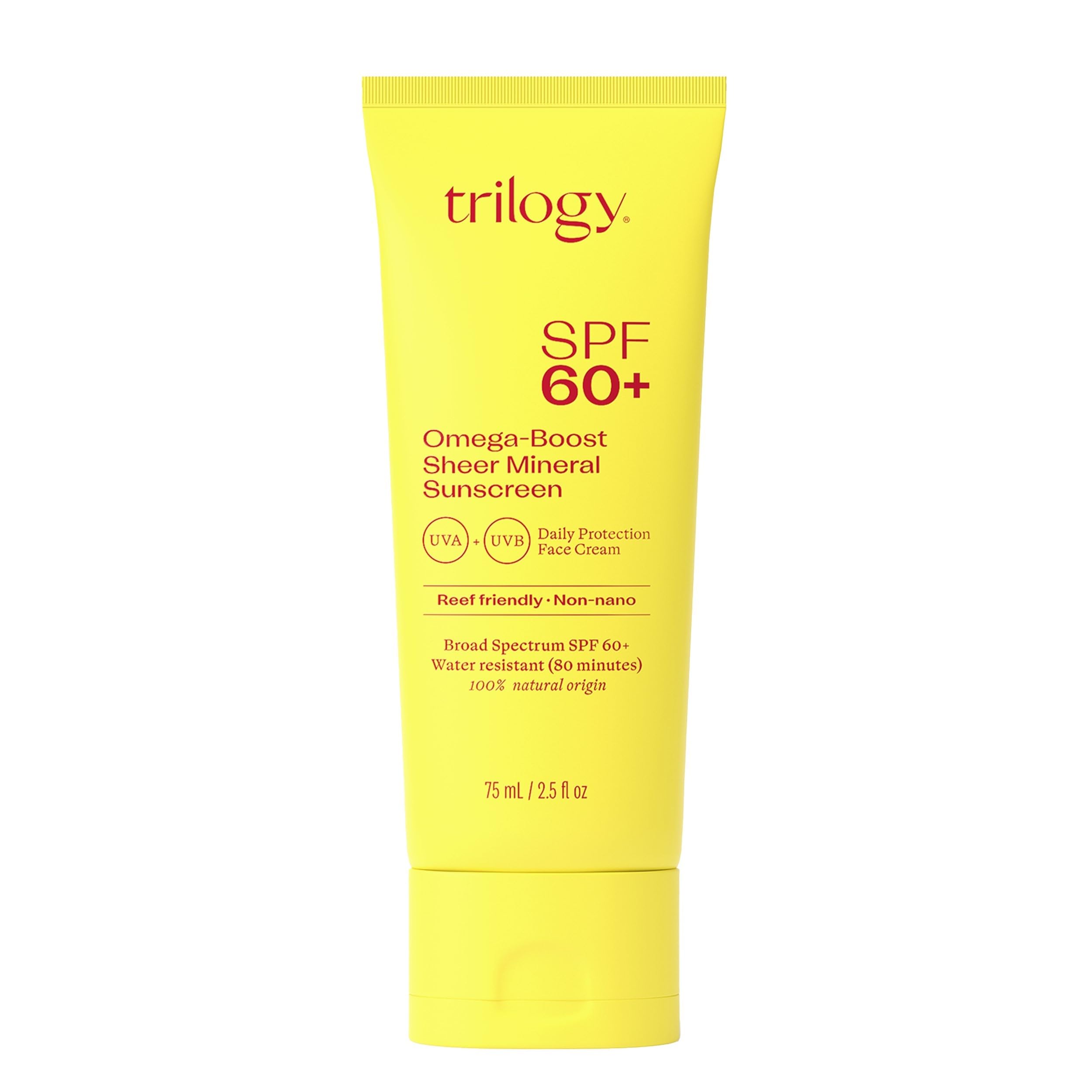 Trilogy SPF60 Omega-Boost sunscreen bottle delivering broad spectrum protection for daily wear.