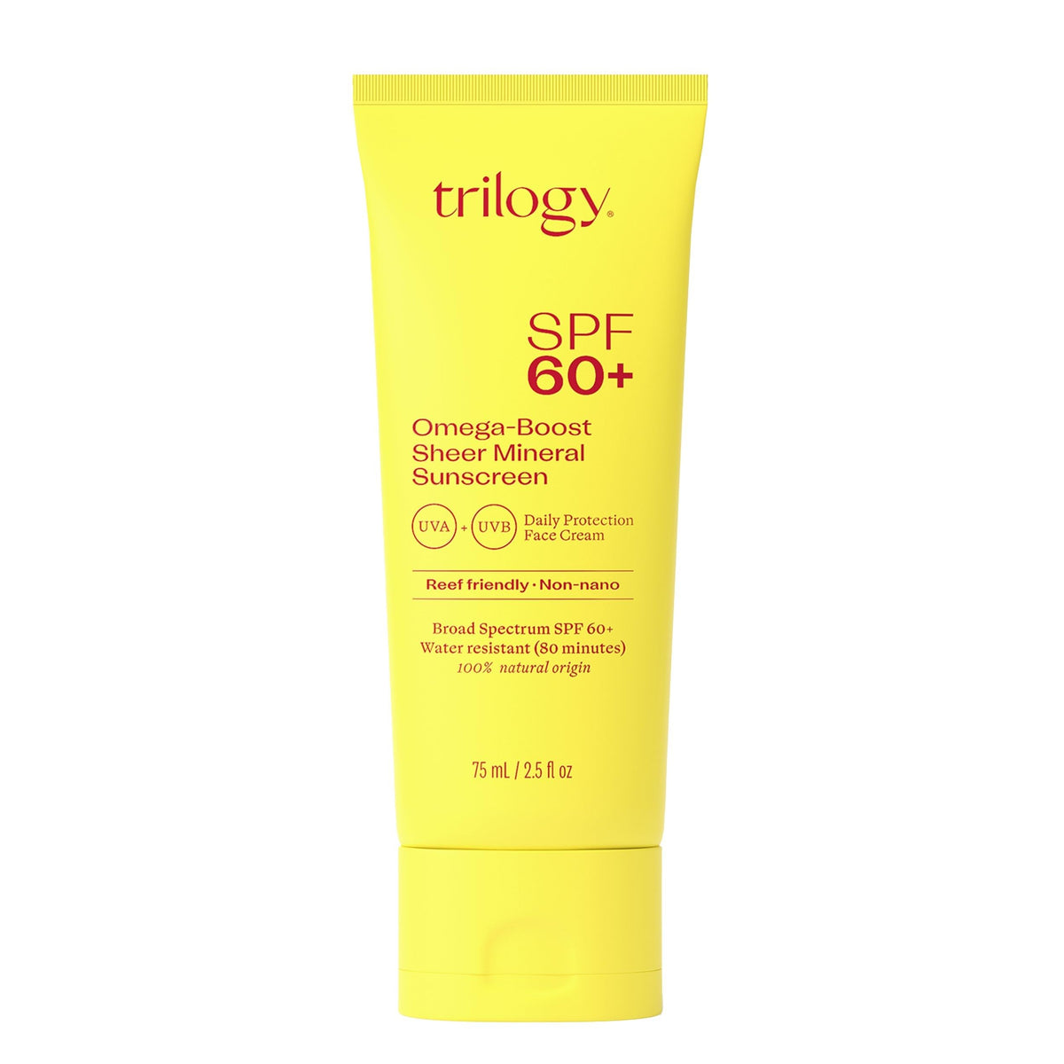 Trilogy SPF60 Omega-Boost sunscreen bottle delivering broad spectrum protection for daily wear.