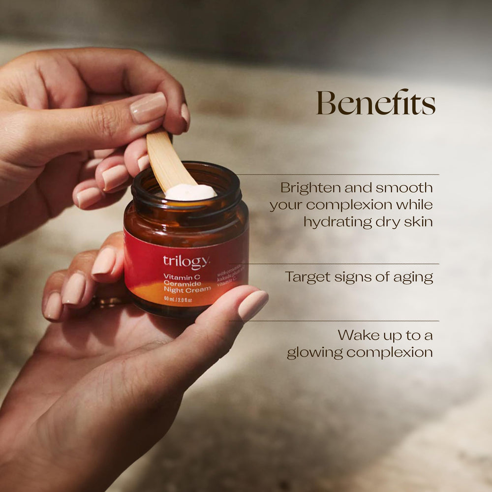 Trilogy Vitamin C Ceramide Night Cream bottle with pump ready for nightly routine