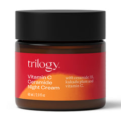 Trilogy Vitamin C Ceramide Night Cream jar on skin for radiant glow