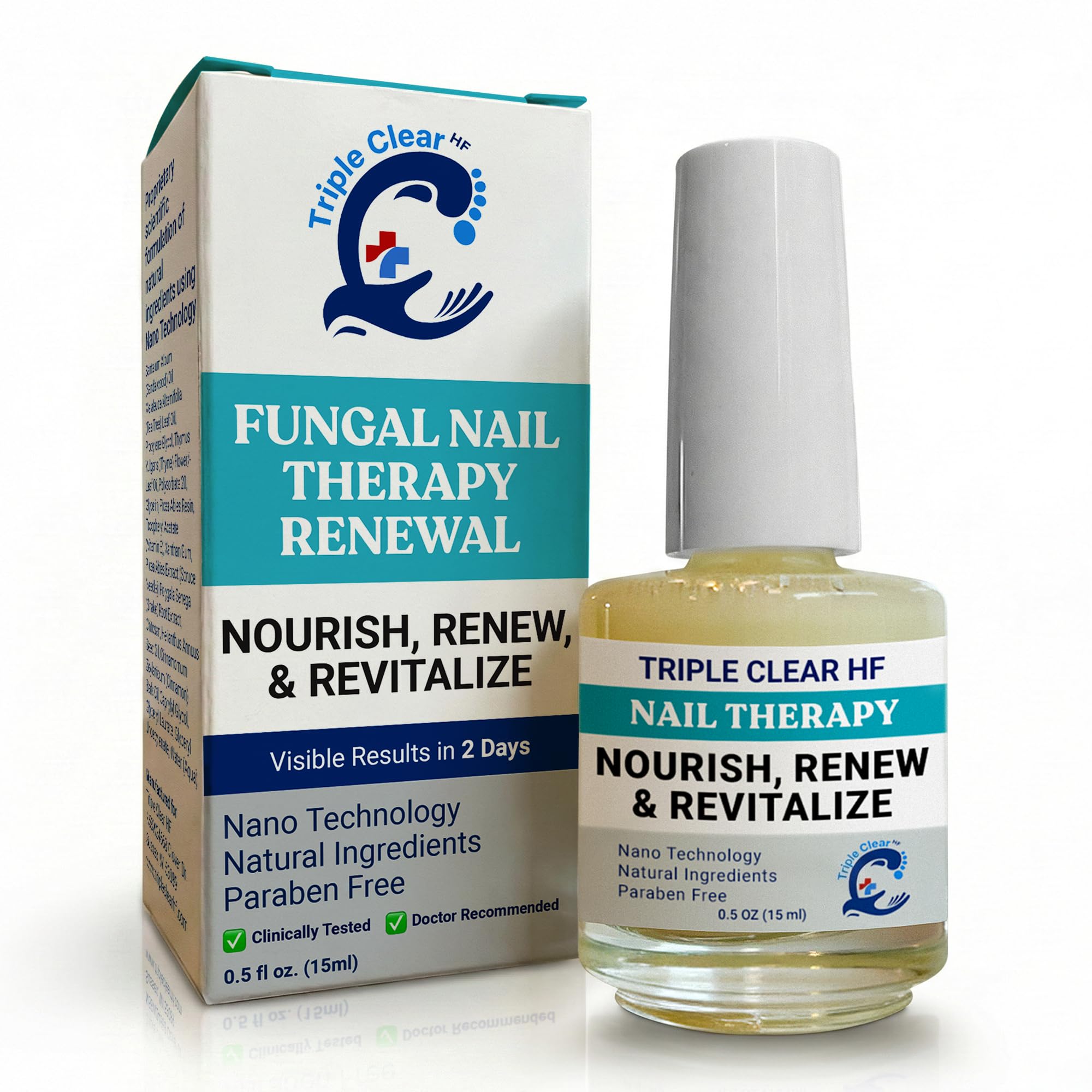 Triple Clear HF nano nail oil bottle closeup showing precision delivery for damaged nails.