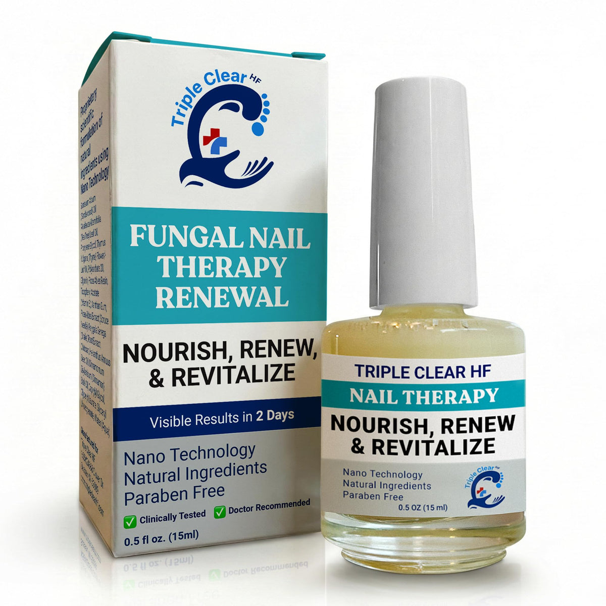 Triple Clear HF nano nail oil bottle closeup showing precision delivery for damaged nails.