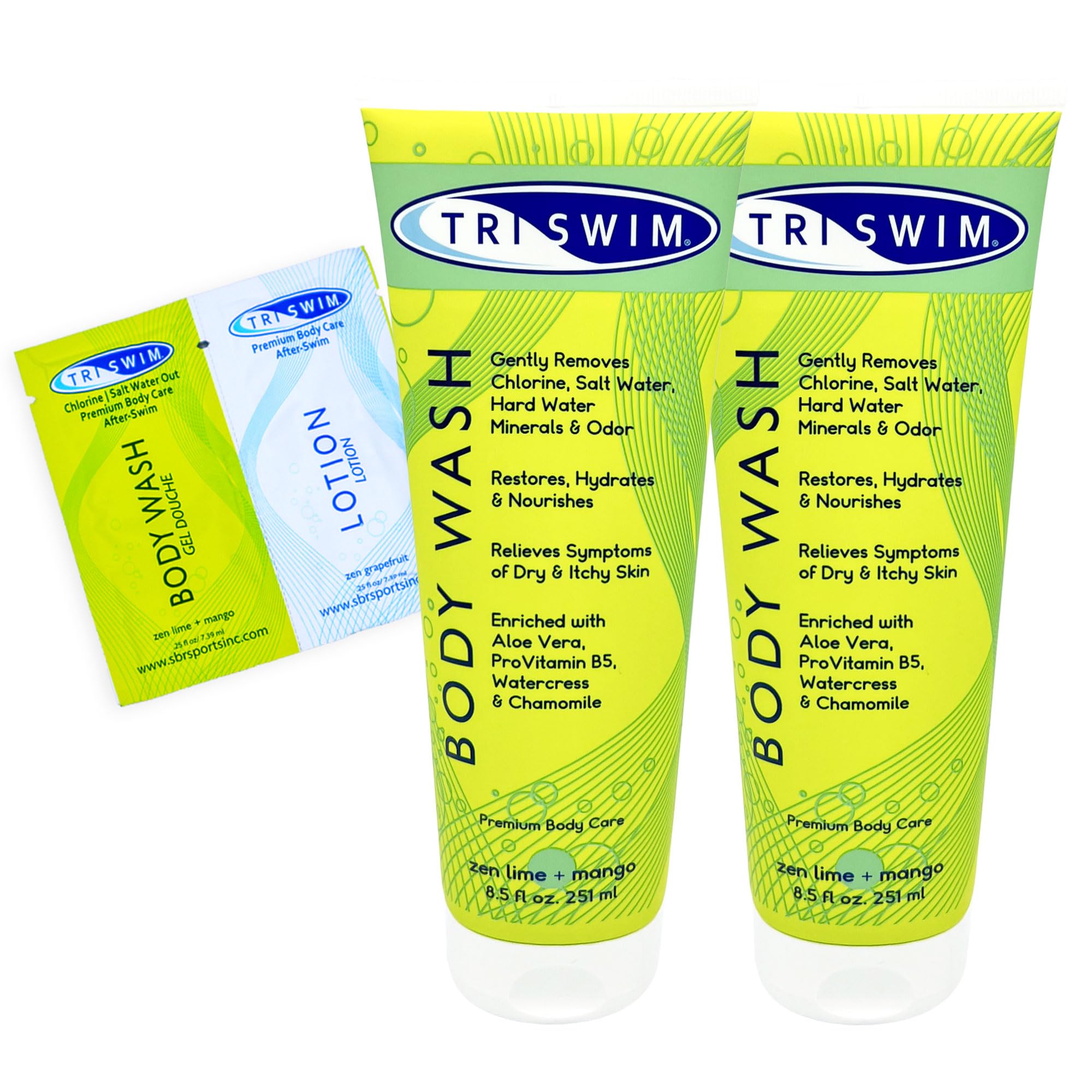 TRISWIM After Swim Chlorine Body Wash bottle with hydrating, chlorine-protecting formula.