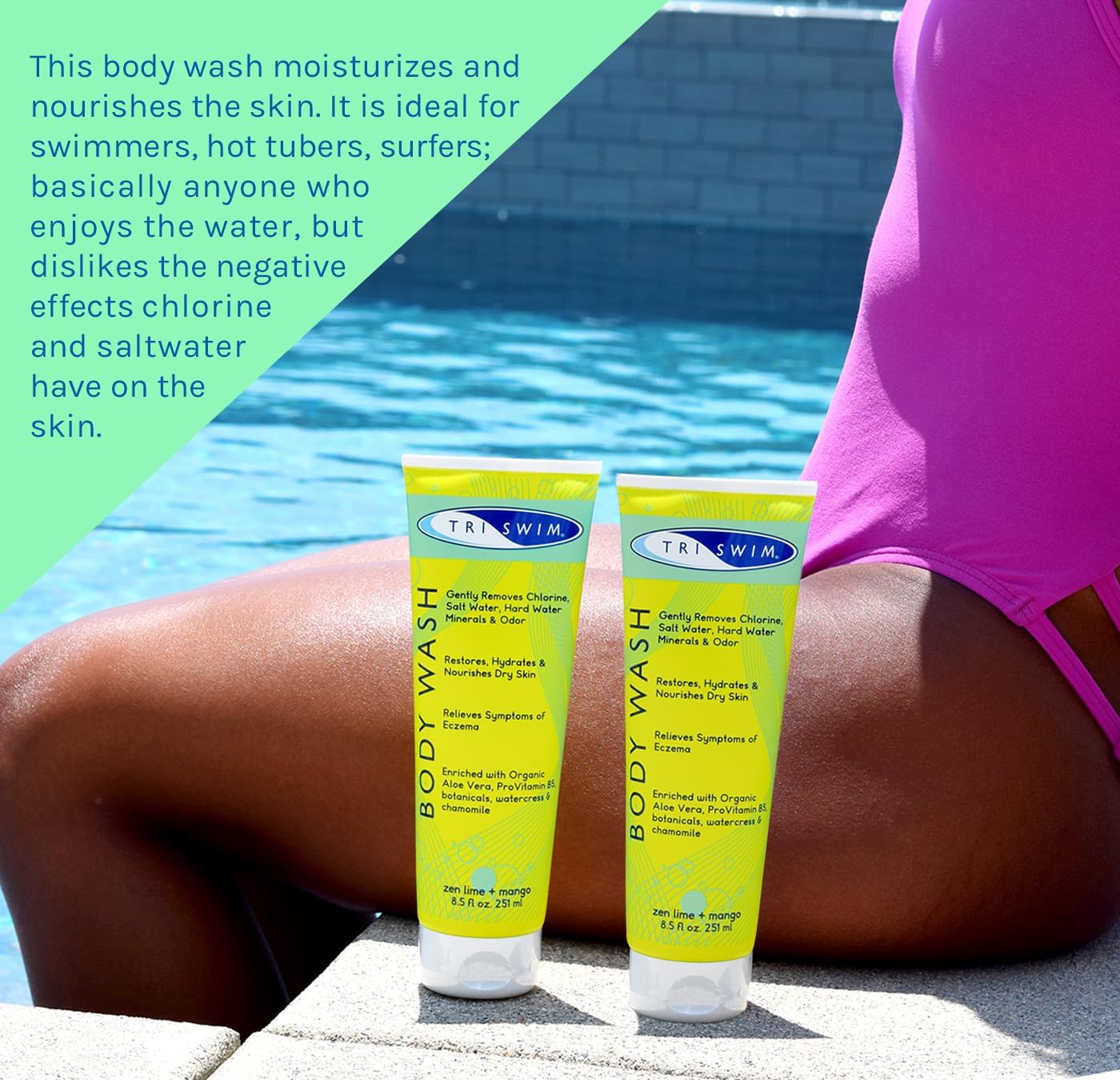 TRISWIM After Swim Chlorine Body Wash ingredients Aloe Vera and Chamomile in the formula.