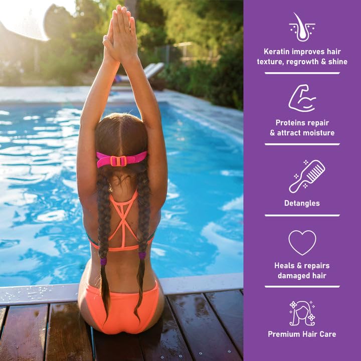 TRISWIM Kids Conditioner bottle pouring to hydrate and detangle hair.