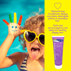 Close-up of TRISWIM Kids Conditioner texture showing detangling properties.