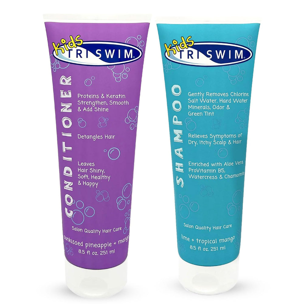 TRISWIM Kids Shampoo bottle pouring to remove pool chemicals and odors.