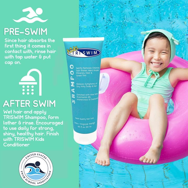 Close-up of TRISWIM Kids Shampoo label highlighting chlorine removal benefits.