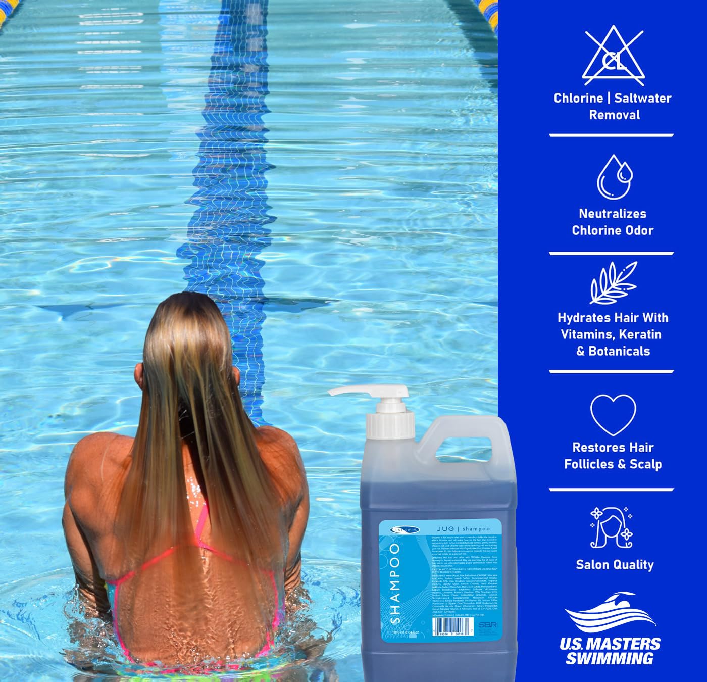 Close-up of TRISWIM label highlighting Aloe Vera and vitamins for moisture