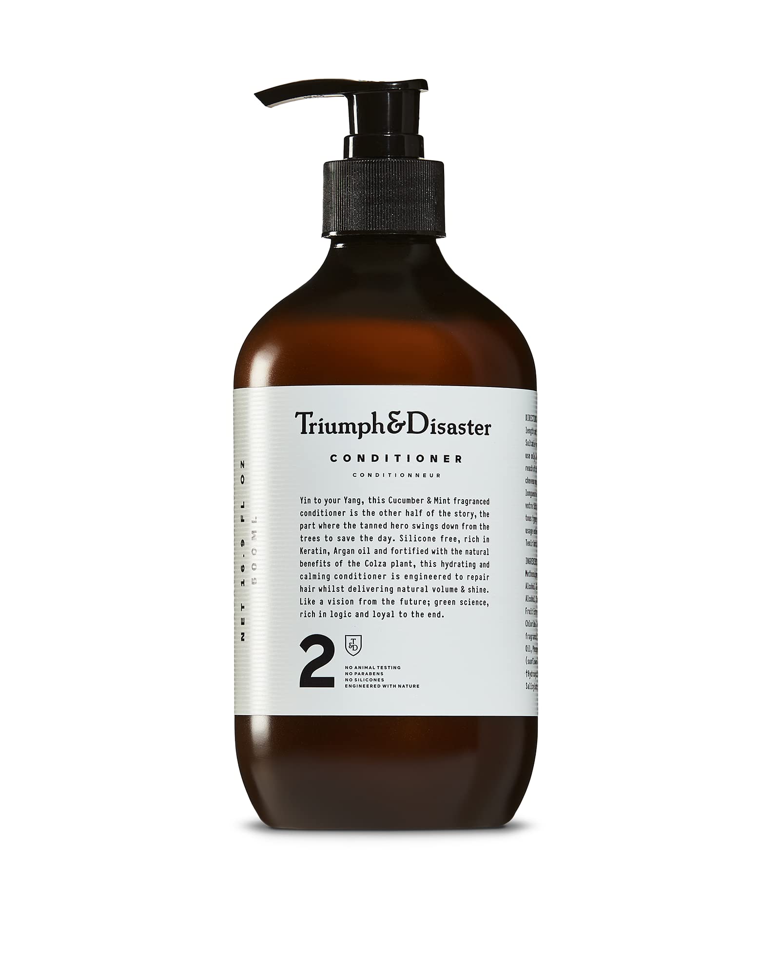 TRIUMPH & DISASTER conditioner bottle highlights keratin hydration for dry, damaged hair.