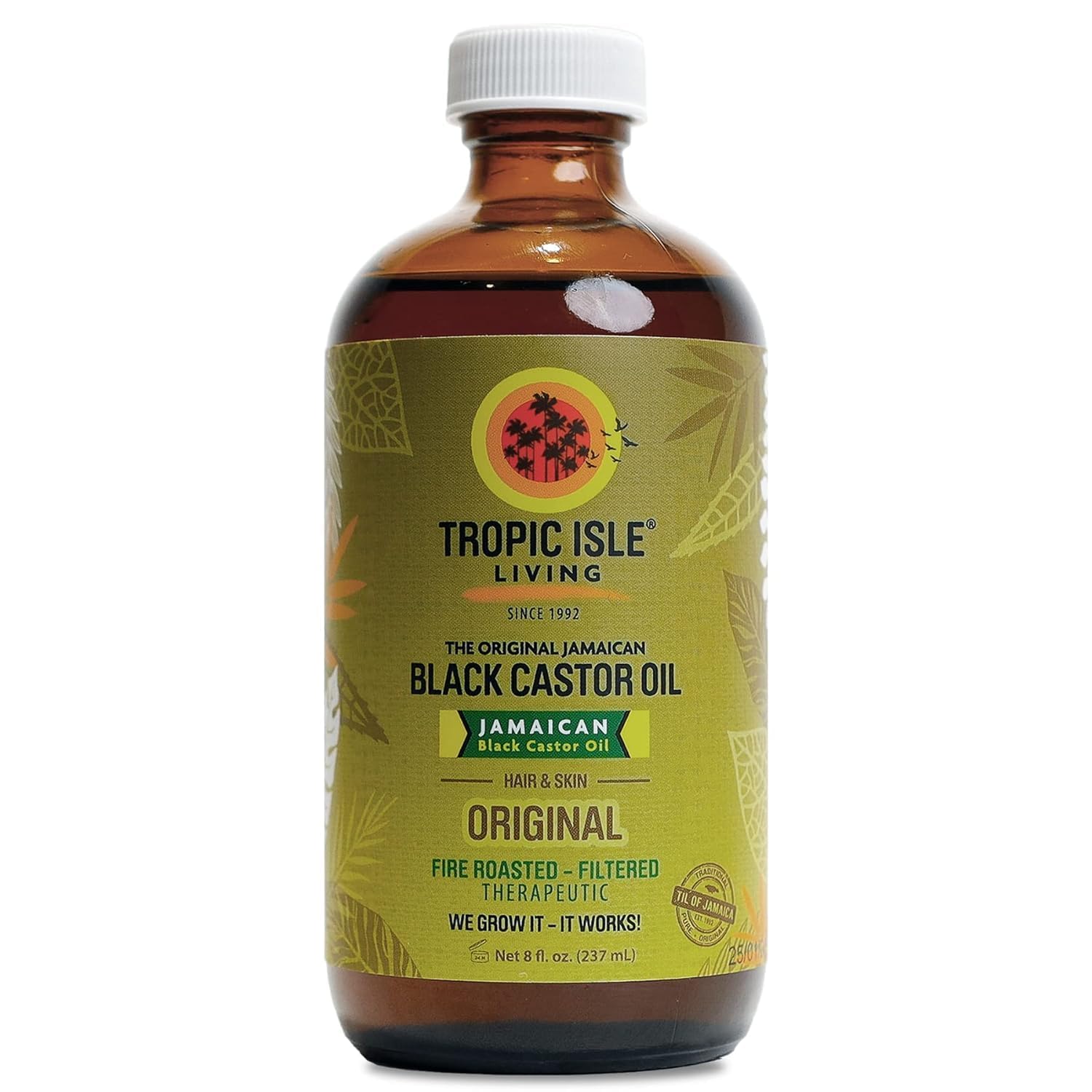 Tropic Isle Living JBCO bottle pour showing hydration benefits for skin and hair