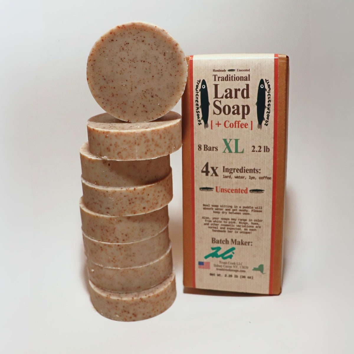 Troutcreeksoaps traditional lard coffee soap bar close-up with creamy lather