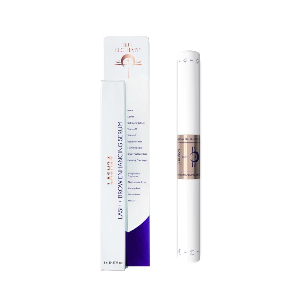 Tru Alchemy Lash24 serum bottle showing dual lash and brow care for fuller look.