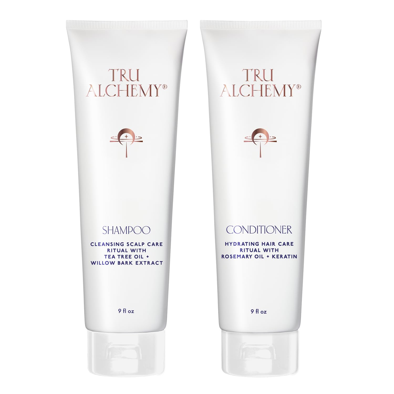 Tru Alchemy Shampoo bottle close-up shows premium packaging and soothing cleansing action.