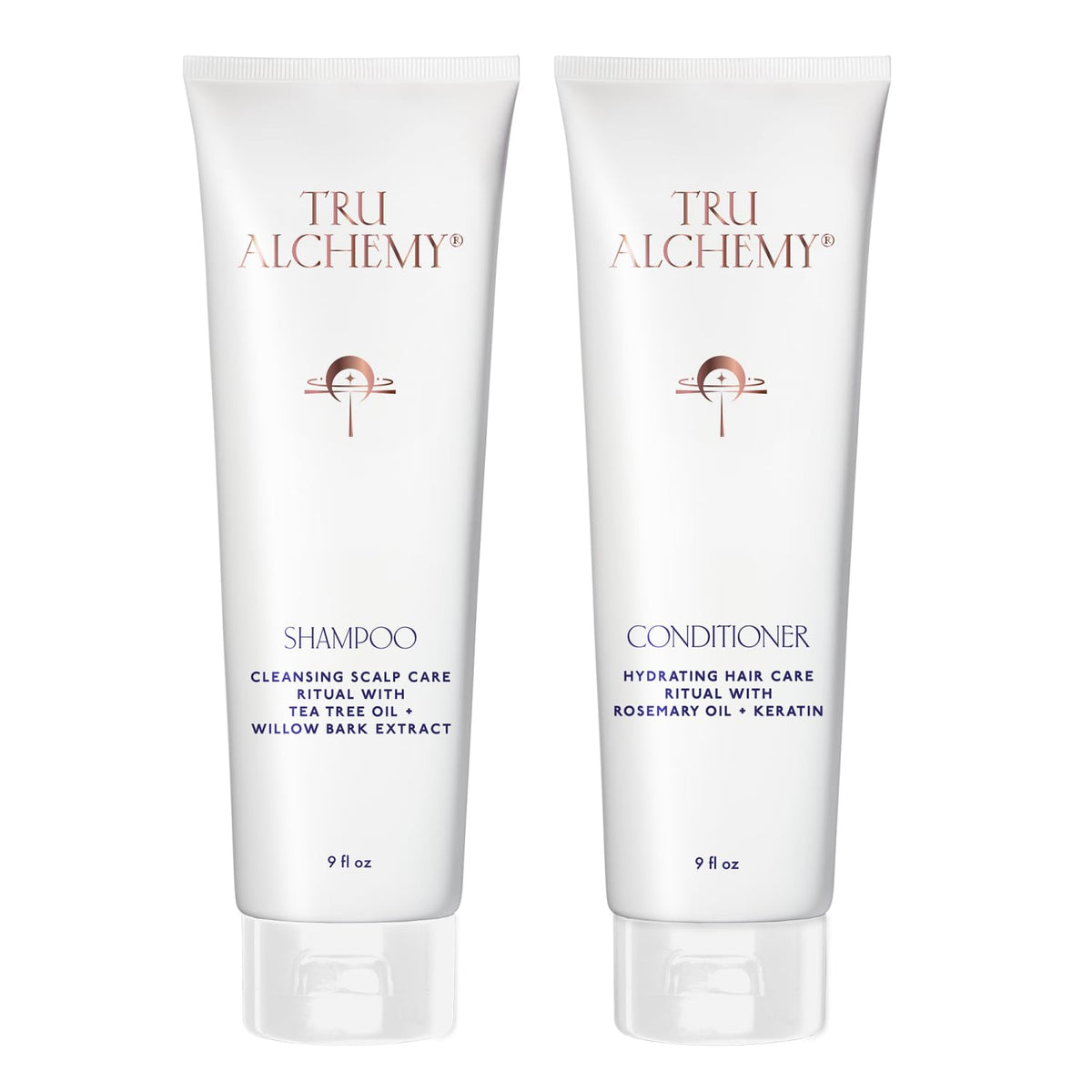 Tru Alchemy Shampoo bottle close-up shows premium packaging and soothing cleansing action.