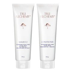 Tru Alchemy Shampoo bottle close-up shows premium packaging and soothing cleansing action.