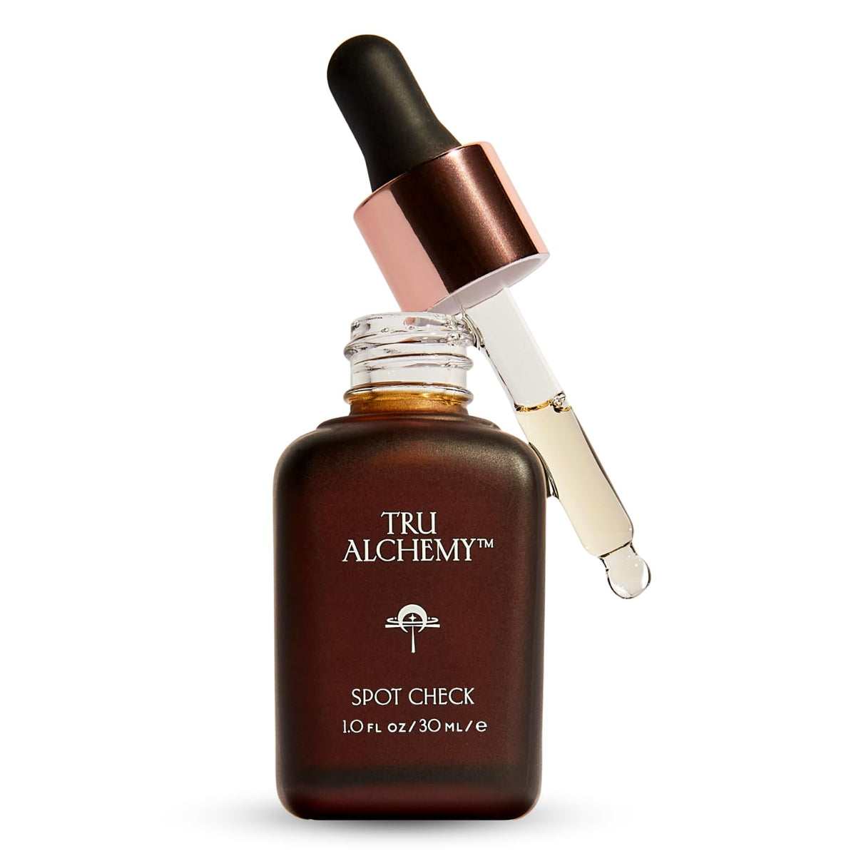 Tru Alchemy Spot Check bottle demonstrates targeted dark spot care and brightening potential