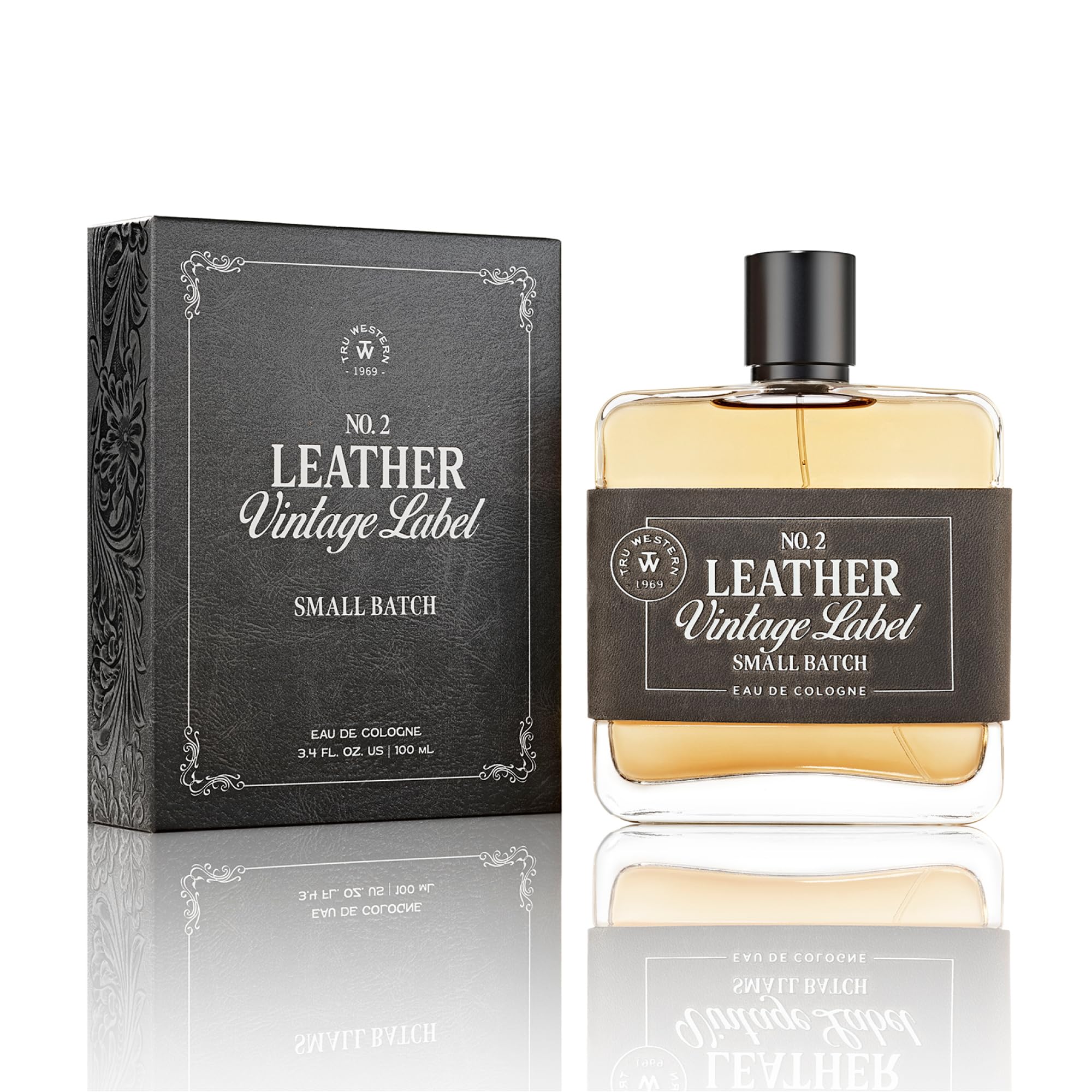 Tru Fragrance Leather No. 2 bottle highlights a premium masculine scent for evenings.