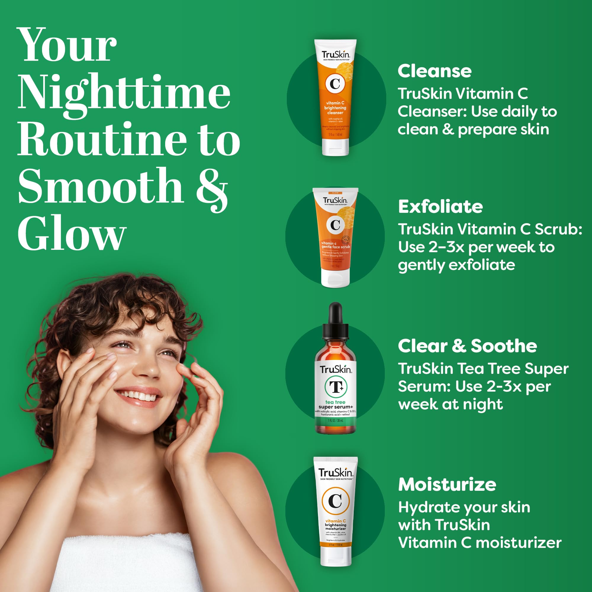TruSkin Tea Tree Oil Serum USA-made label signals dermatologist-tested, cruelty-free skincare.