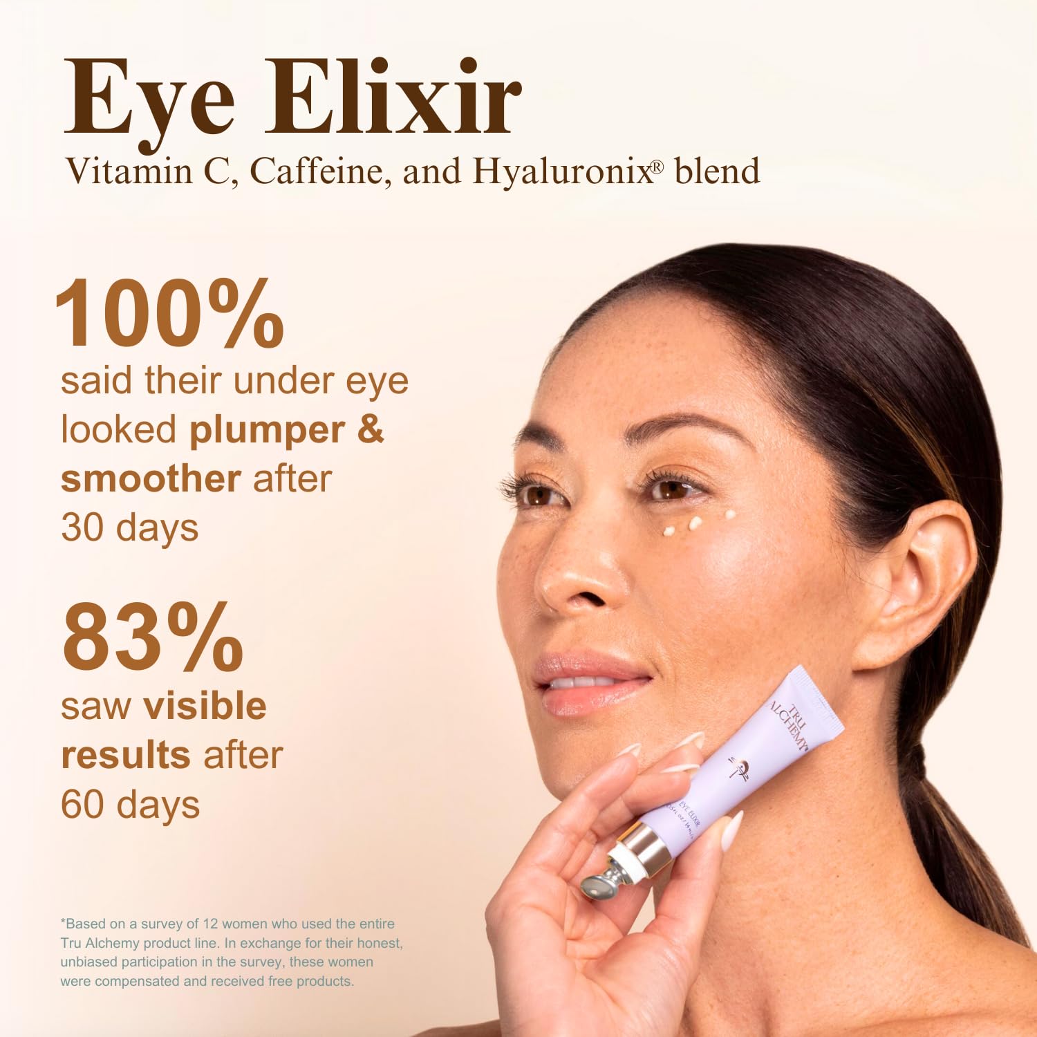 Tru Alchemy Eye Elixir applicator closeup for precise, gentle eye area application.