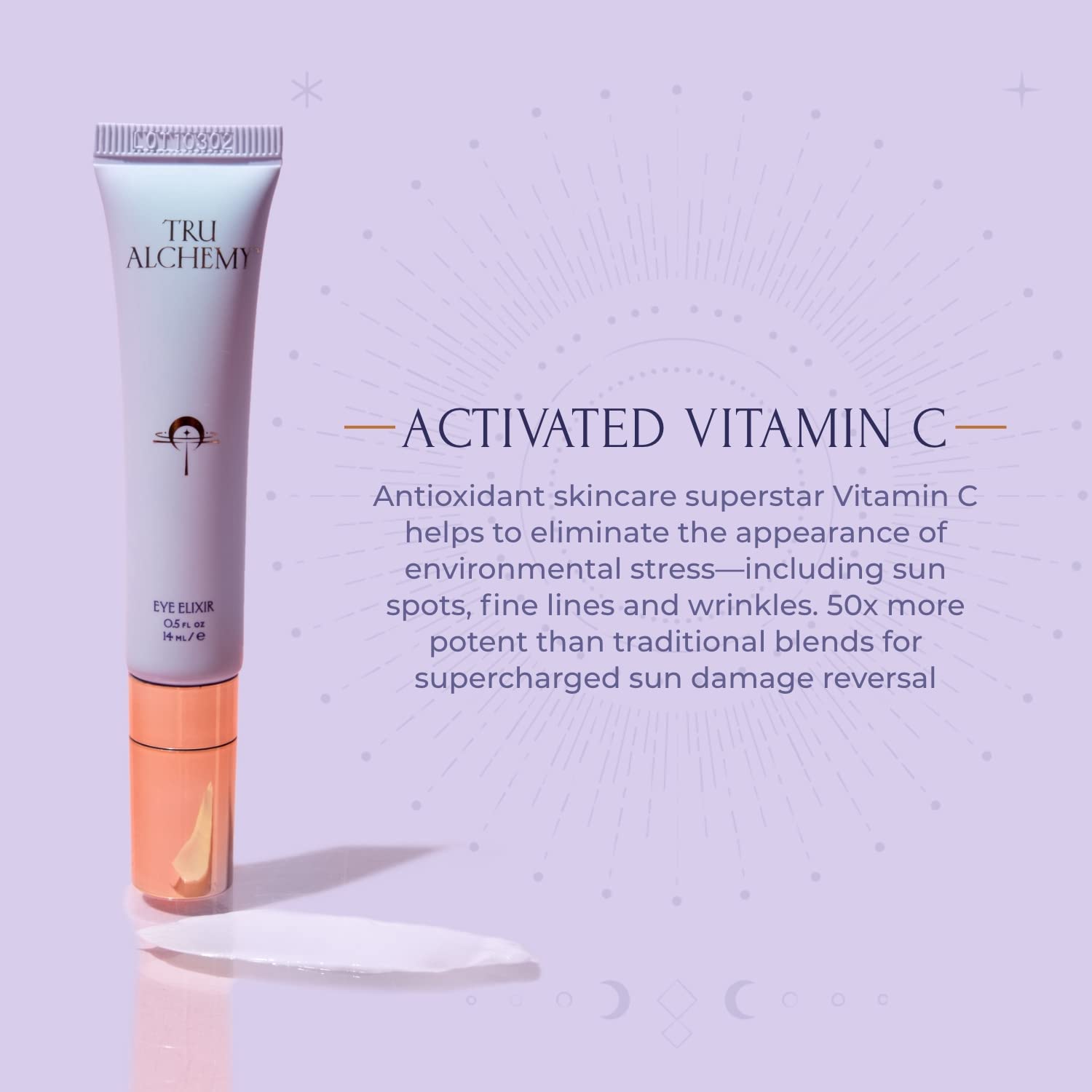 Tru Alchemy Eye Elixir caffeine focus highlights reduced puffiness look.
