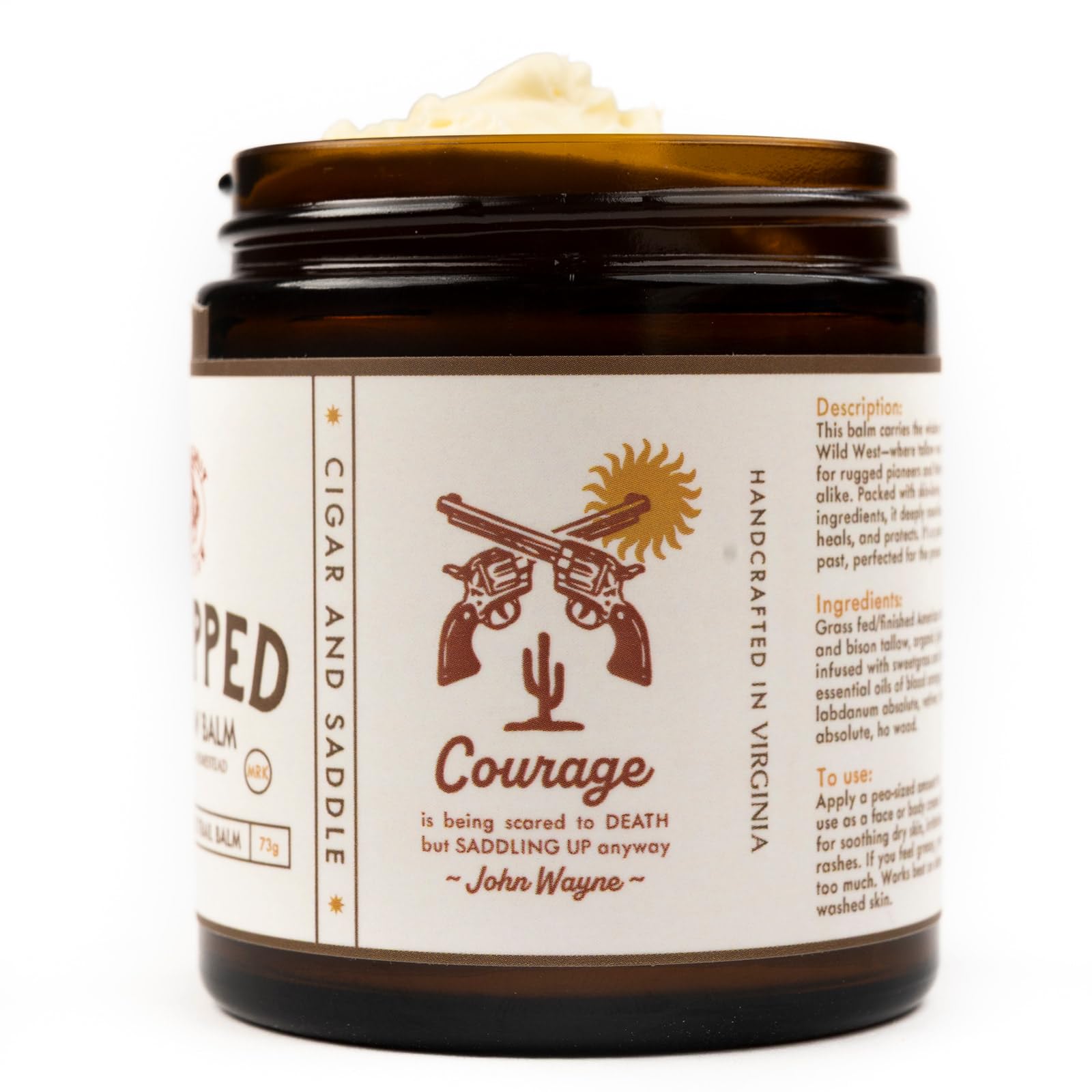 True Grit Tallow salve label close-up showing rugged brand