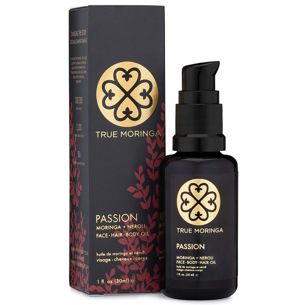 True Moringa Neroli oil bottle close-up for pure skin nourishment.