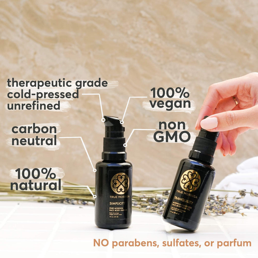 True Moringa Neroli oil texture and pour illustrating fast absorption.