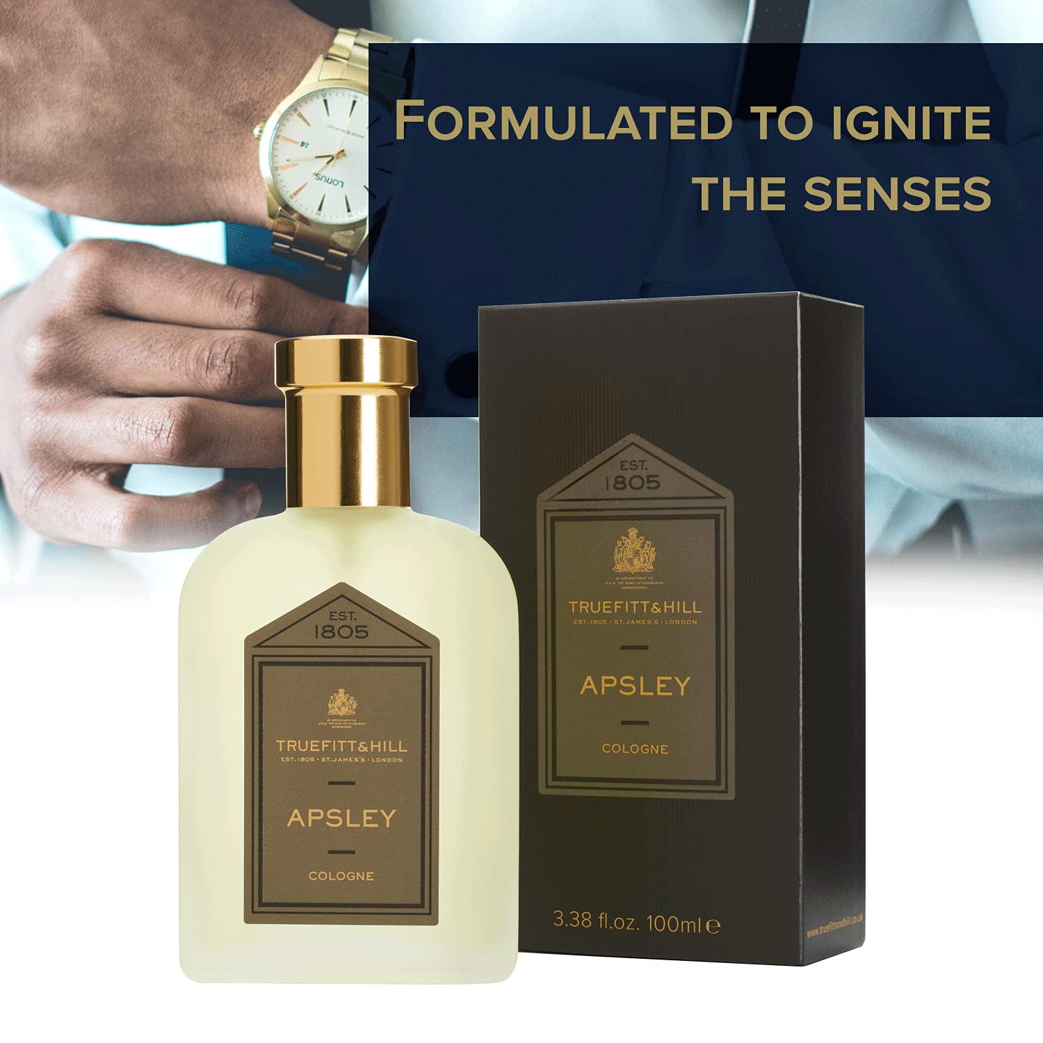 Truefitt & Hill Apsley etched bottle details highlight heritage grooming.