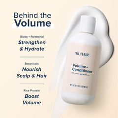 Truhair Volume+ application on damp hair for even distribution and softness.