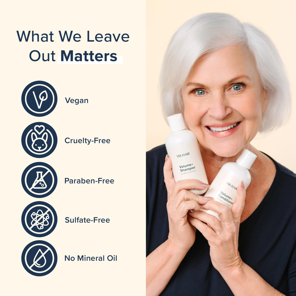 Truhair Volume+ keratin and panthenol for strengthened-looking strands.