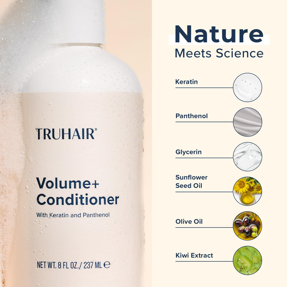 Truhair Volume+ label detail highlighting keratin and panthenol.