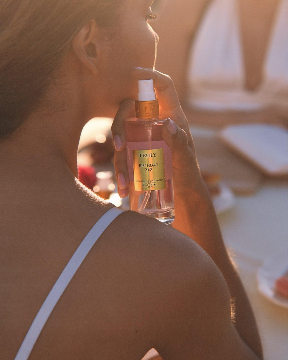 Truly Birthday Sex Perfume Mist label detail evokes premium fragrance notes.