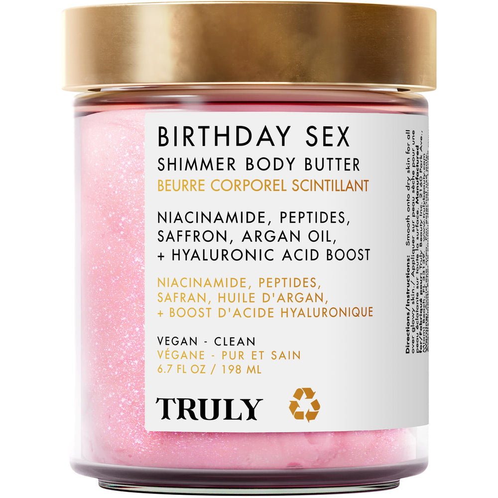 Truly Birthday Sex Shimmer Body Butter in jar for radiant, hydrated skin