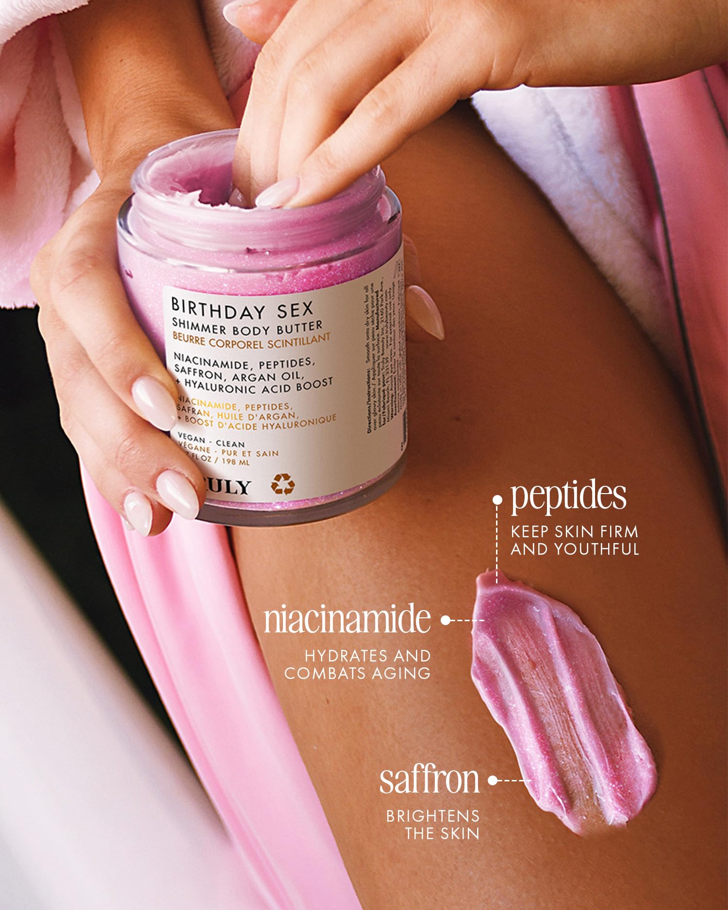 Truly Birthday Sex Shimmer Body Butter label highlights peptides and saffron