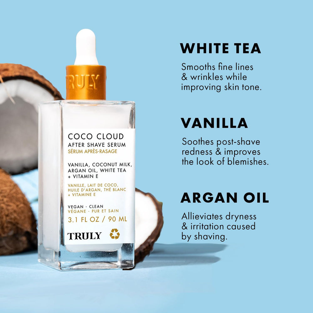 Truly Coco Cloud After Shave Serum packaging close-up indicates jumbo-size value.