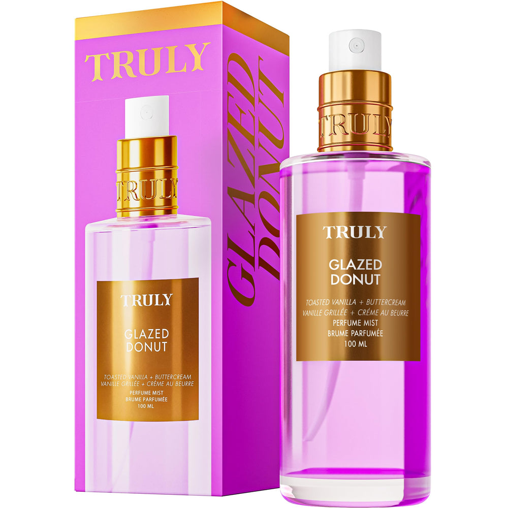 Truly Glazed Donut Perfume Mist bottle front view with warm vanilla notes.