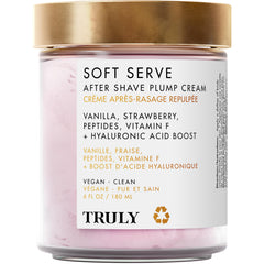 Truly Soft Serve bottle front shows hydrating post-shave plump skin