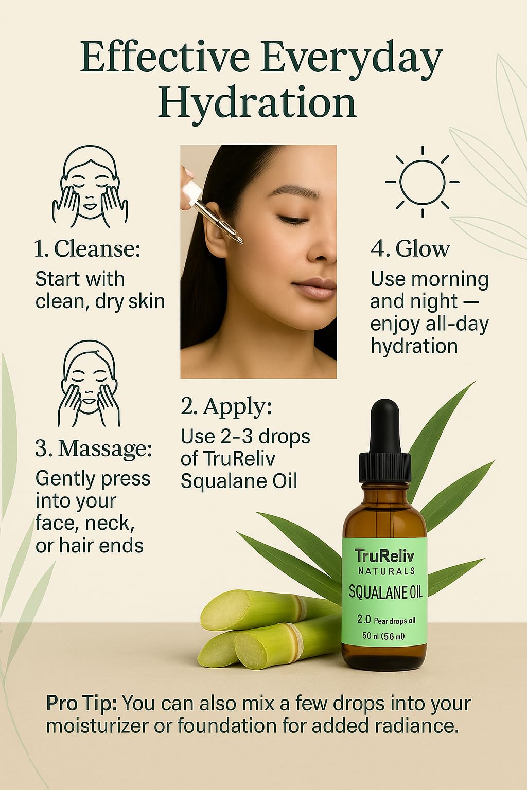 TruReliv Squalane on hair and scalp for shine and protection.