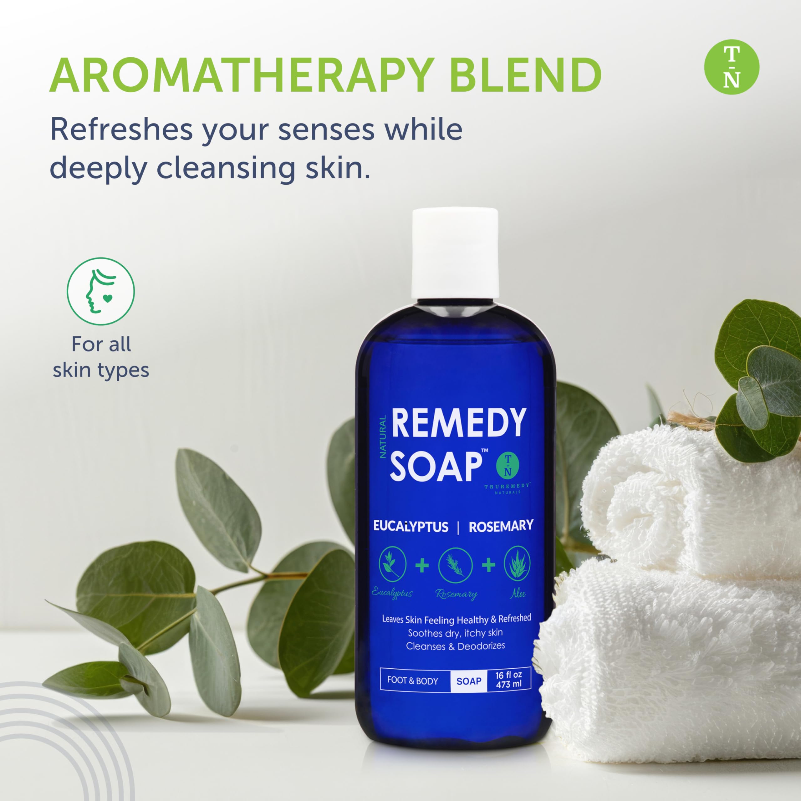 Truremedy Naturals Eucalyptus Rosemary Body Wash pour demonstrates a refreshing shower start.