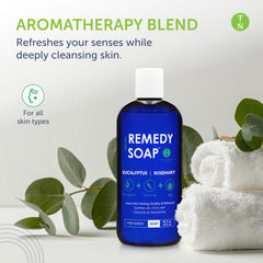 Truremedy Naturals Eucalyptus Rosemary Body Wash pour demonstrates a refreshing shower start.