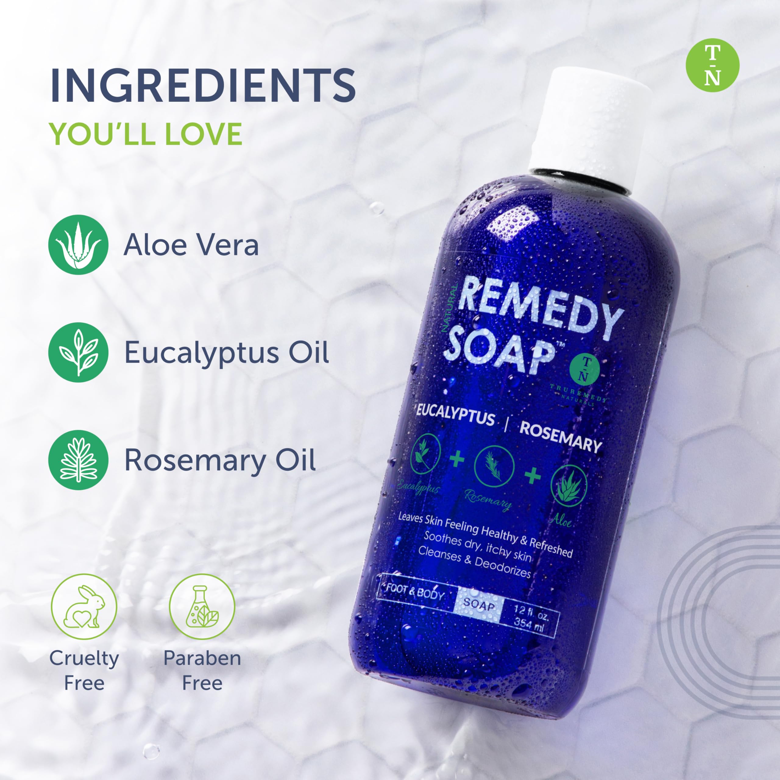 Truremedy Naturals Eucalyptus Rosemary Body Wash spa-like experience evokes a refreshing ritual.