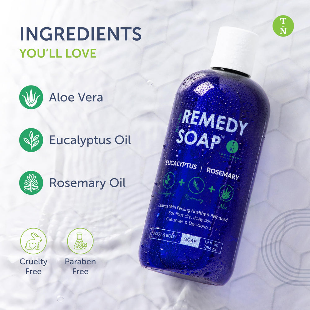 Truremedy Naturals Eucalyptus Rosemary Body Wash spa-like experience evokes a refreshing ritual.