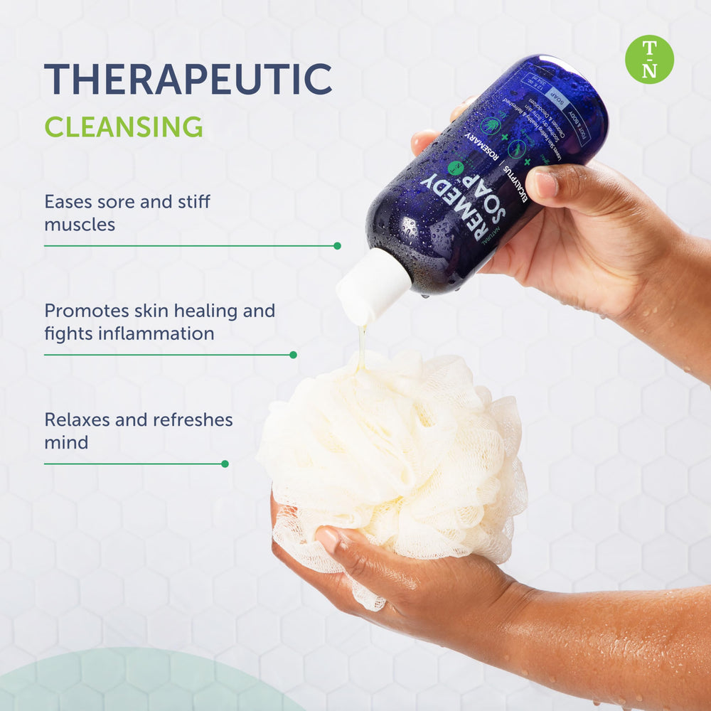Truremedy Naturals Eucalyptus Rosemary Body Wash water rinse scene suggests easy cleansing.