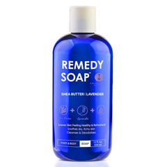 Truremedy Naturals Lavender Shea Butter Body Wash bottle provides hydrating cleanse for dry skin.