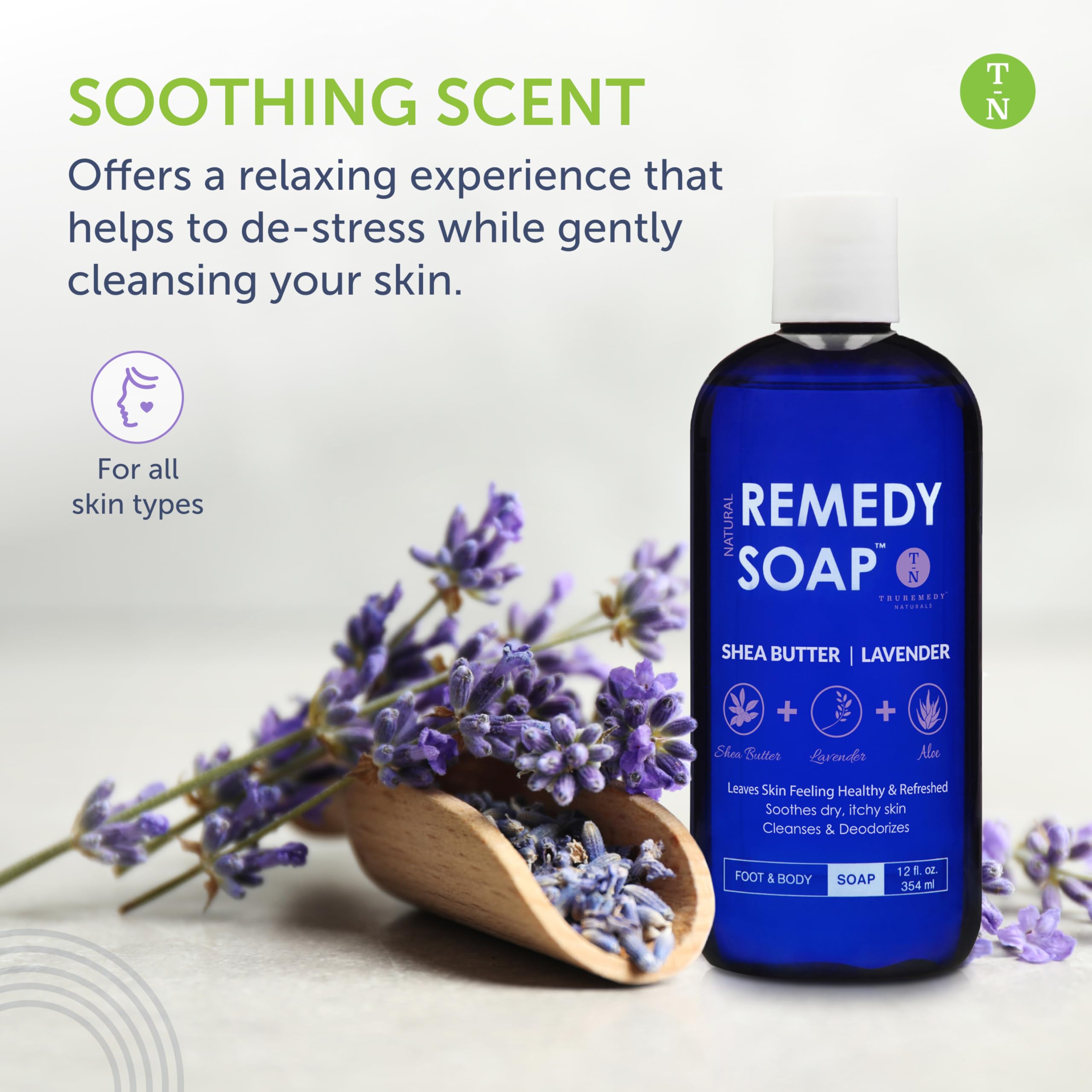 Truremedy Naturals Lavender Shea Butter Body Wash label highlights natural ingredients for soothing skin.