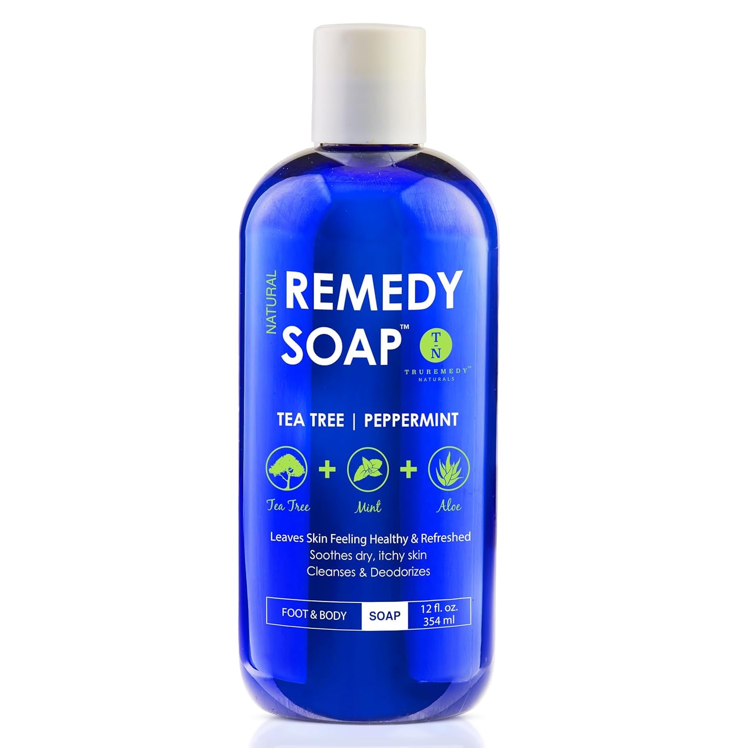 Truremedy Naturals Tea Tree Body Wash bottle with invigorating peppermint for your morning routine.