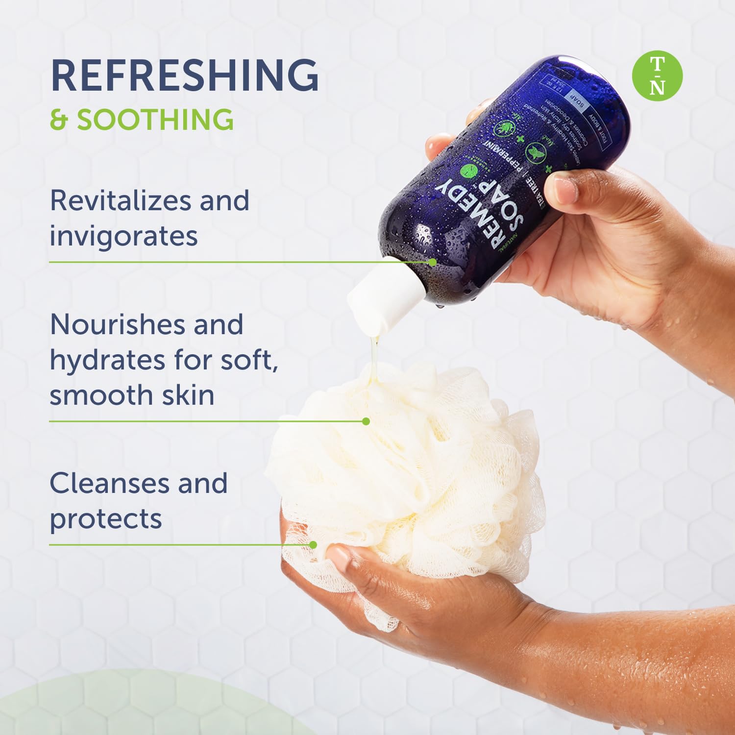 Truremedy Naturals Tea Tree Body Wash in a gym shower after a workout.